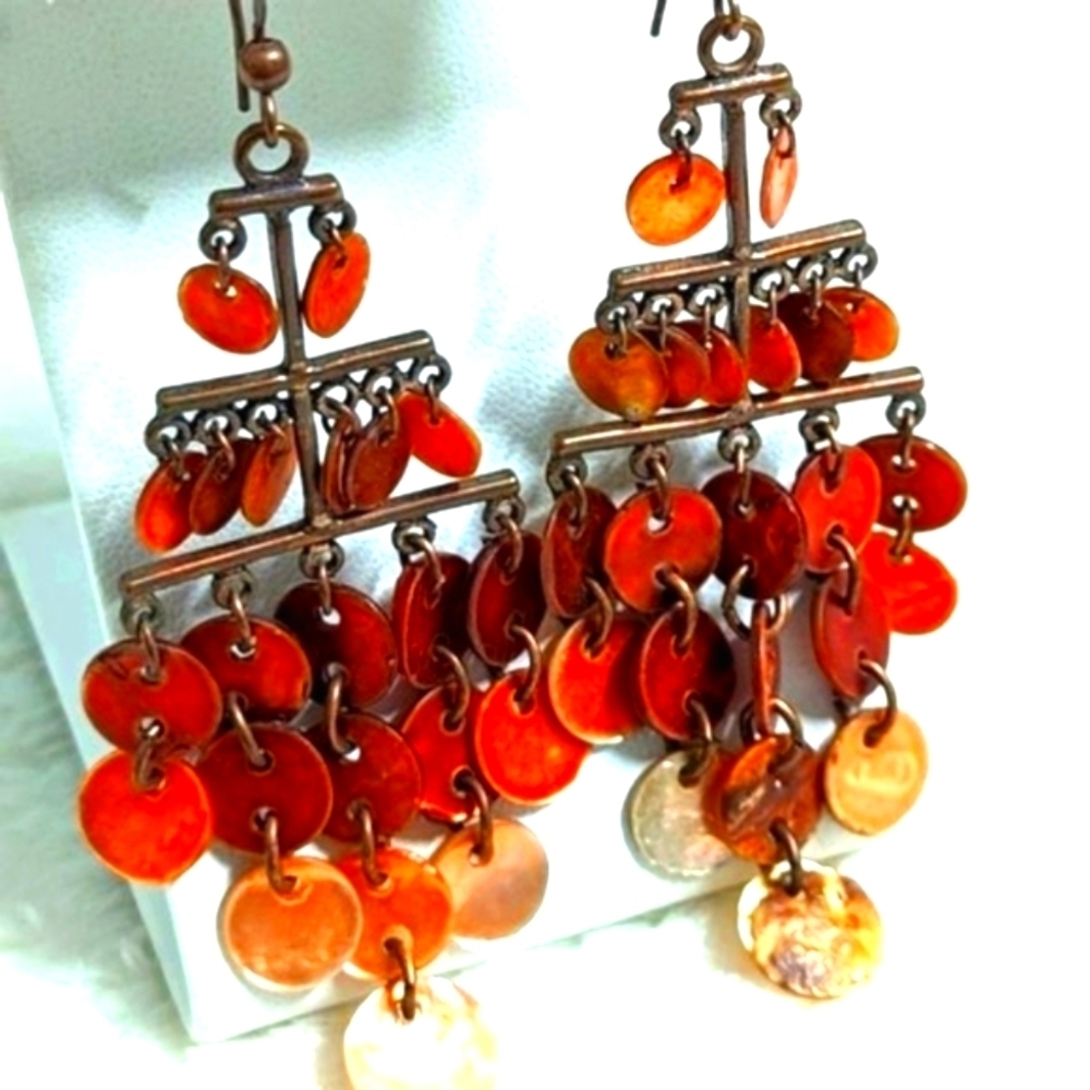 Vintage Coppery Orange Mother of Pearl Dangle Drop Pierced Earrings - Picture 4 of 8